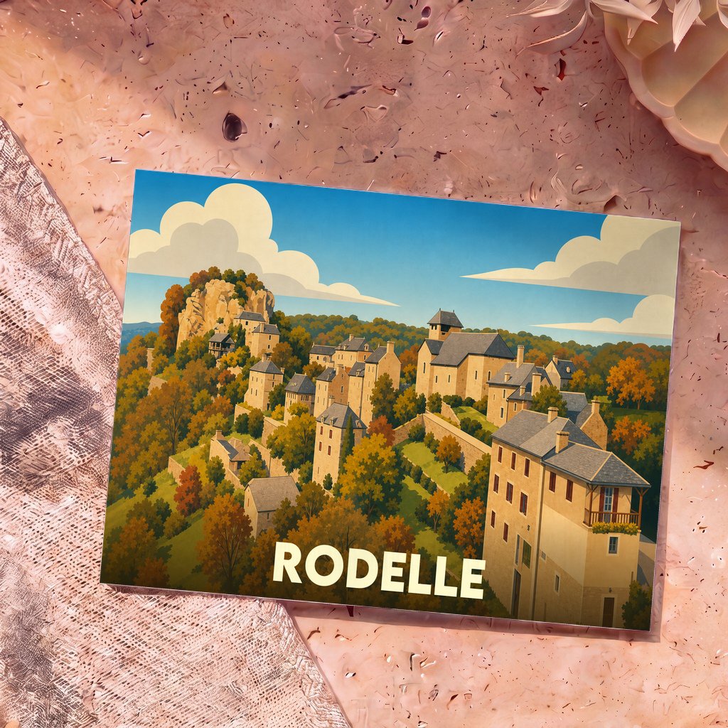 Carte postale souvenir de la ville de Rodelle illustrant ses maisons perchées et sa falaise dans un style rétro.