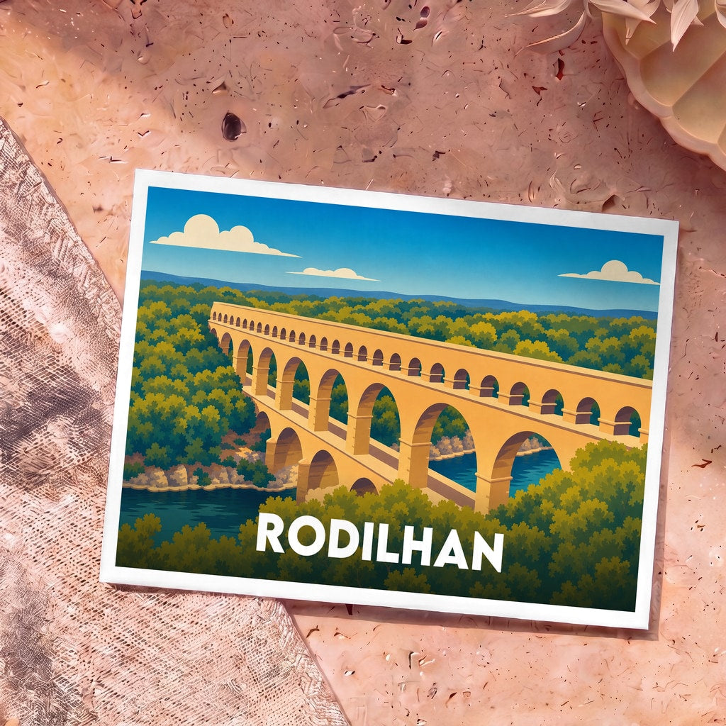 Carte postale souvenir de la ville de Rodilhan avec une illustration stylisée du célèbre Pont du Gard.