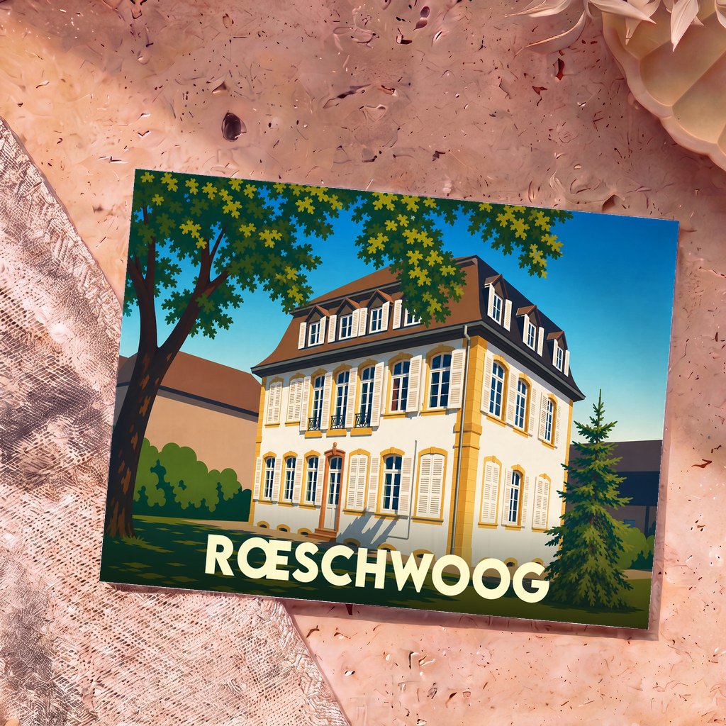 Carte postale souvenir de la ville de Rœschwoog avec une illustration stylisée d'une bâtisse traditionnelle.