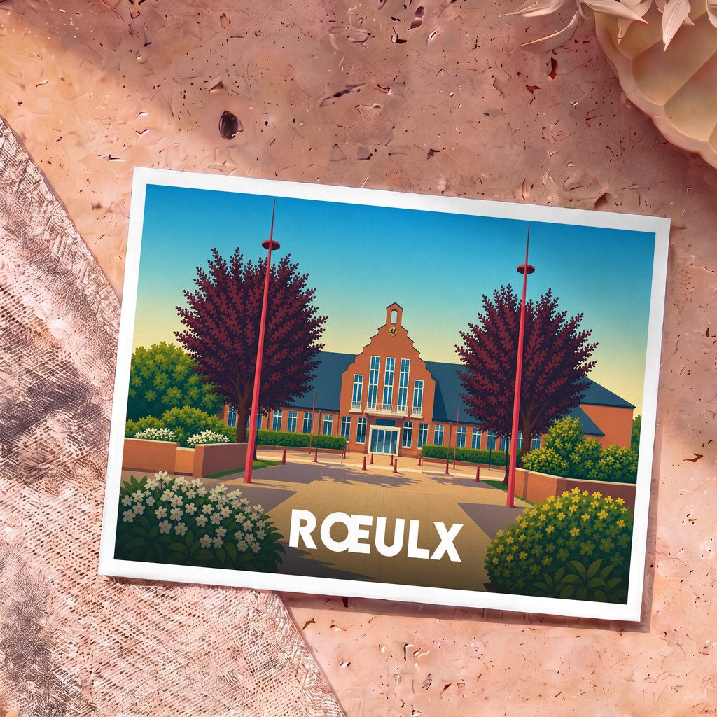 Carte postale souvenir de la ville de Rœulx avec une illustration stylisée de son hôtel de ville.