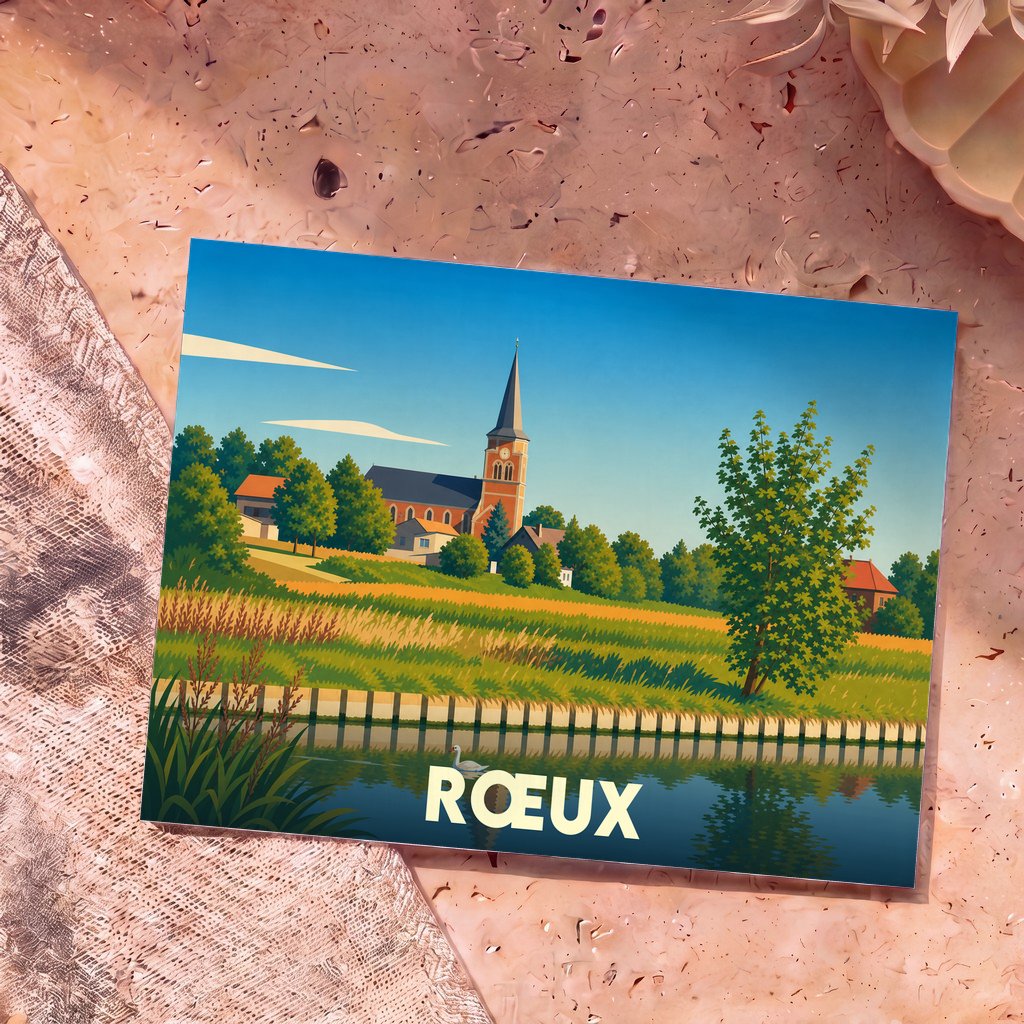 Carte postale souvenir de la ville de Rœux avec une illustration stylisée d'un paysage champêtre au bord de l'eau.