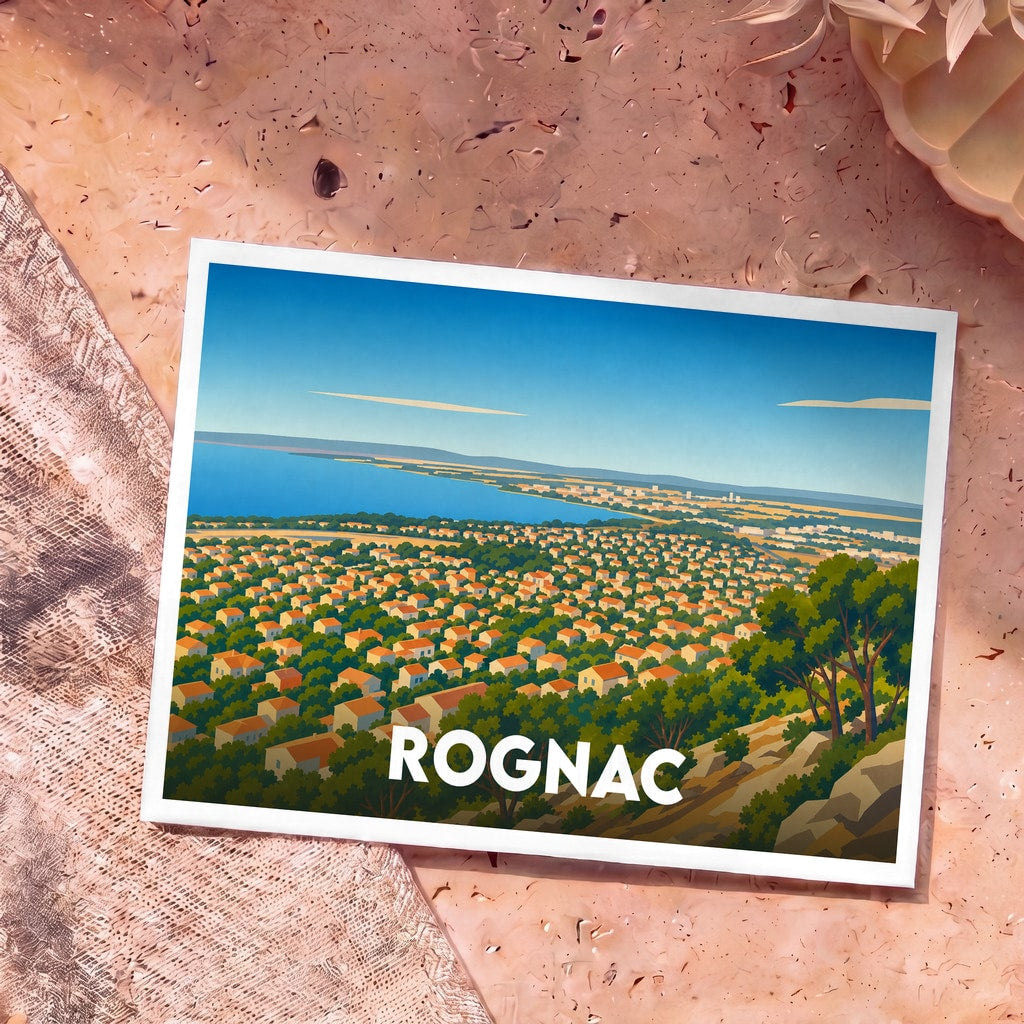 Carte postale souvenir de la ville de Rognac illustrée d'un panorama coloré surplombant l'étang de Berre.