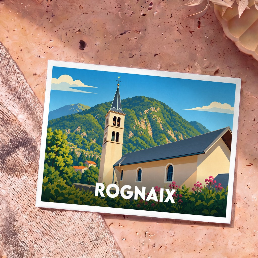 Carte postale souvenir de la ville de Rognaix illustrant son église nichée au cœur des montagnes.