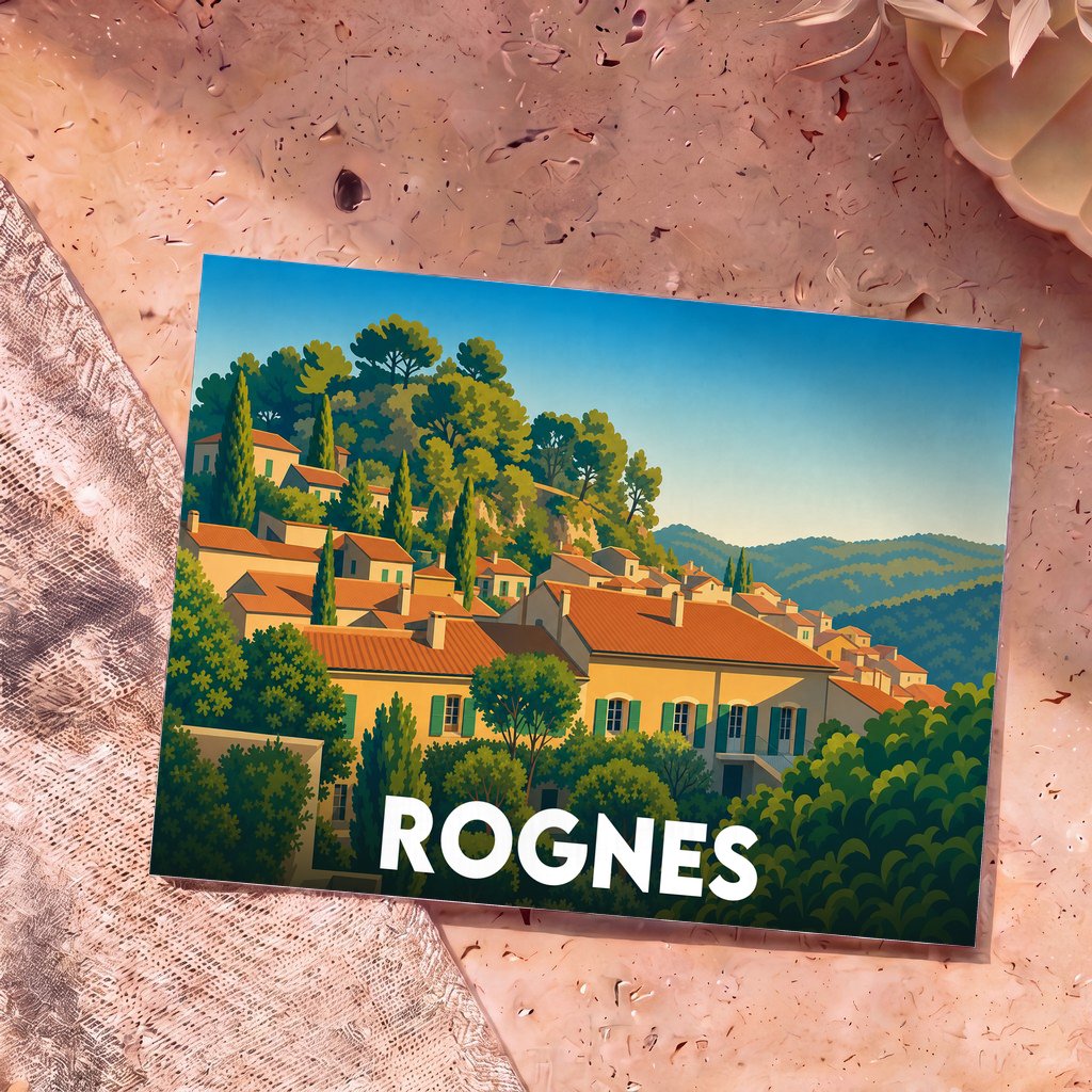 Carte postale souvenir de la ville de Rognes illustrant un village provençal niché dans une colline boisée.