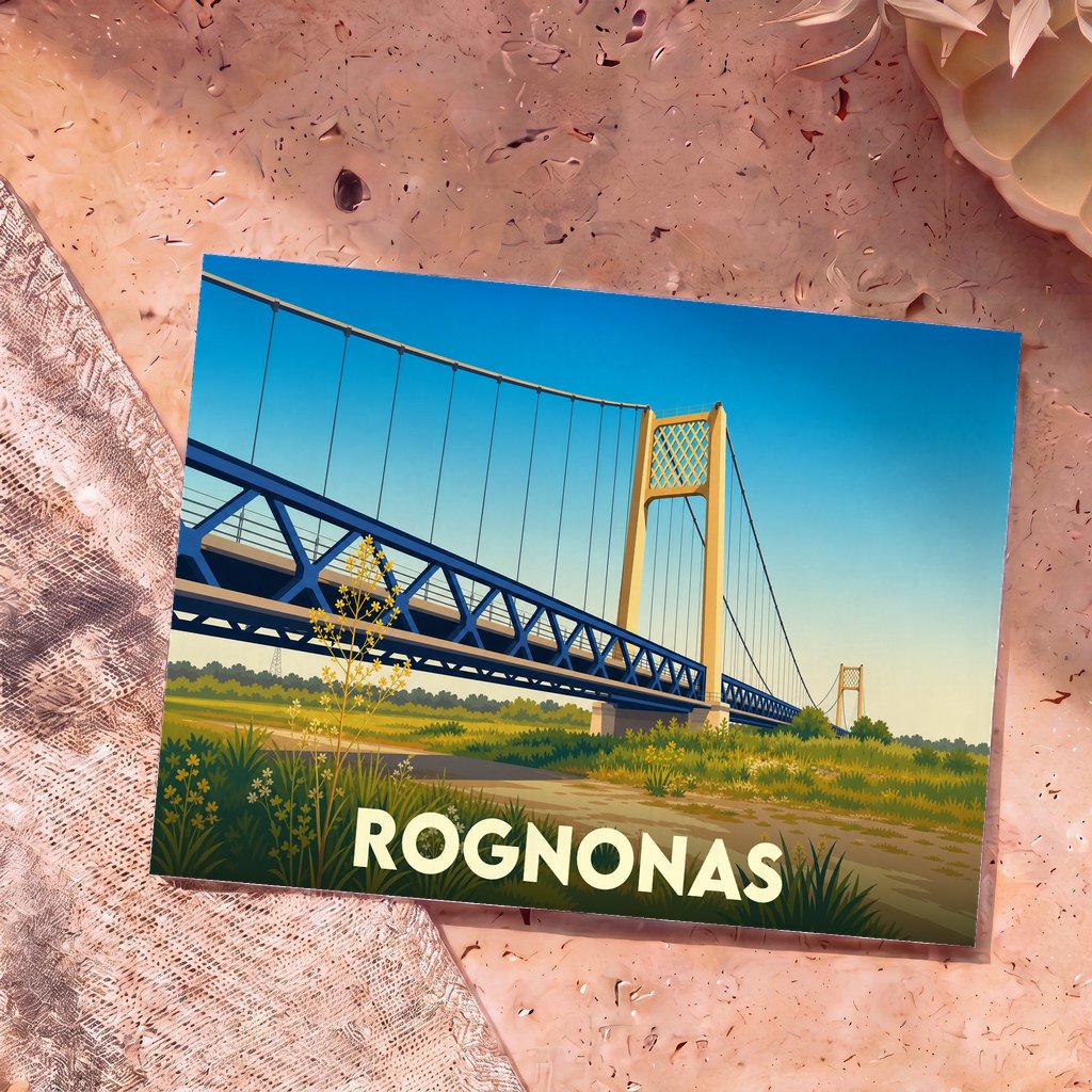 Carte postale souvenir de la ville de Rognonas avec une illustration stylisée de son pont suspendu.