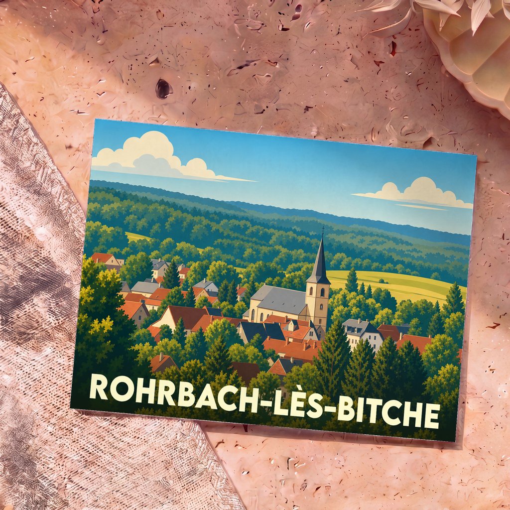 Carte postale souvenir de la ville de Rohrbach-lès-Bitche avec une illustration stylisée de son église et de son paysage verdoyant.
