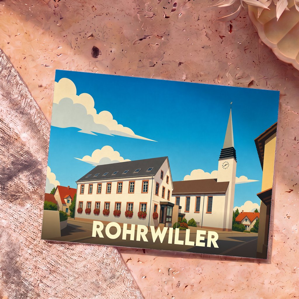 Carte postale souvenir de la ville de Rohrwiller avec une illustration stylisée de son église et de ses maisons alsaciennes.