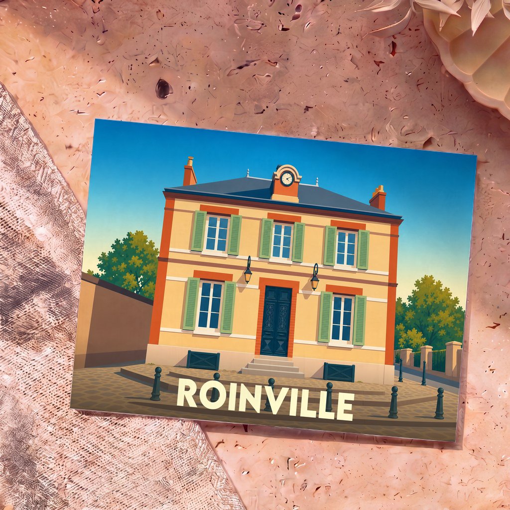 Carte postale souvenir de la ville de Roinville avec une illustration stylisée de sa mairie.
