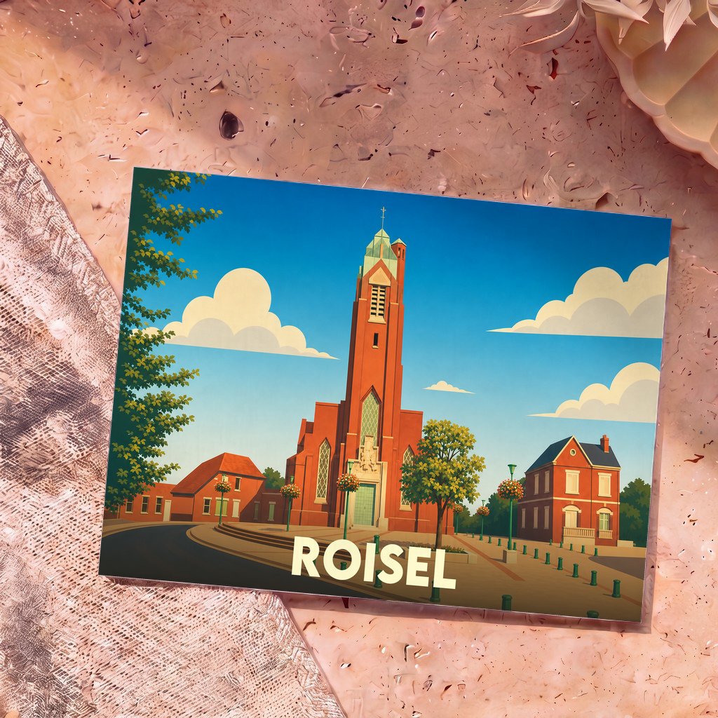 Carte postale souvenir de la ville de Roisel avec une illustration stylisée de son église et de ses maisons en briques rouges.