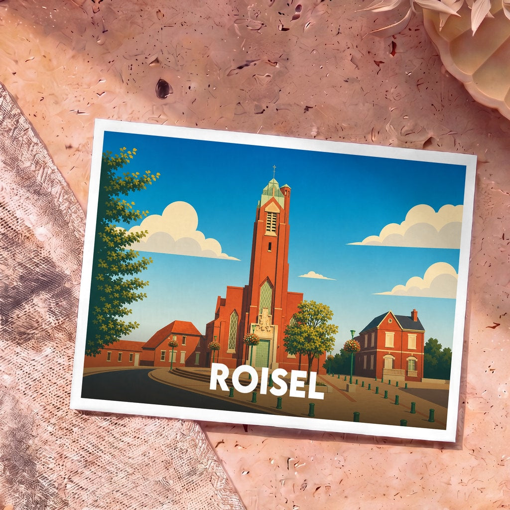 Carte postale souvenir de la ville de Roisel avec une illustration stylisée de son église et de ses maisons en briques rouges.