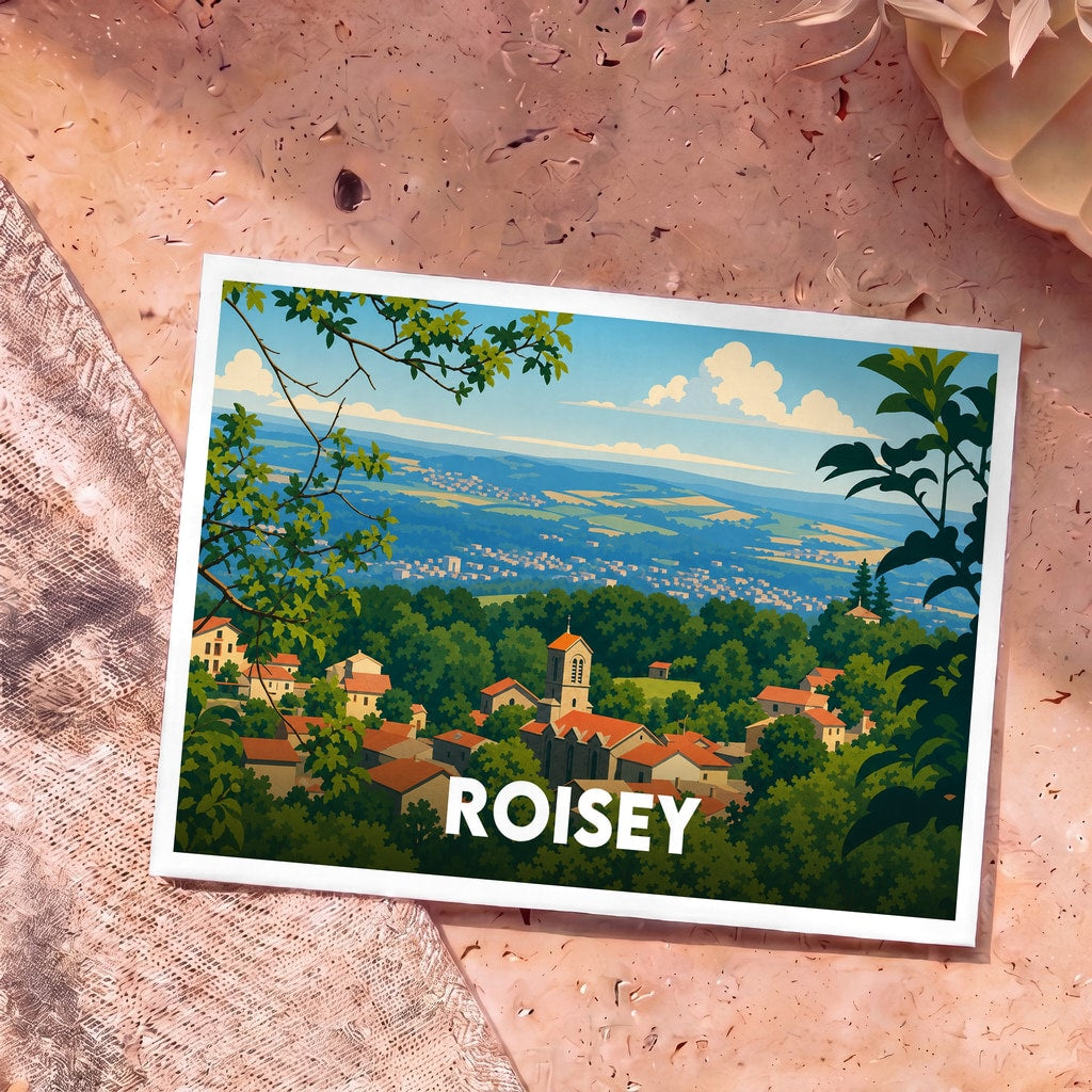 Carte postale souvenir de la ville de Roisey avec une illustration paysagère stylisée.