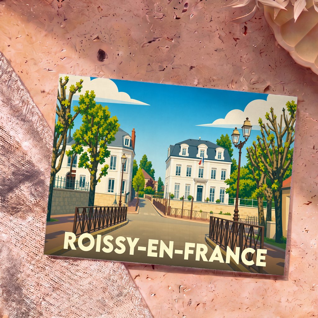 Carte postale souvenir de la ville de Roissy-en-France avec une illustration stylisée.