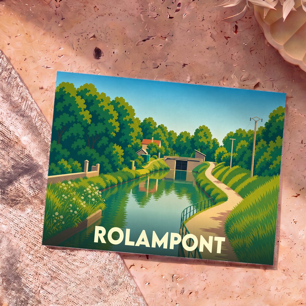 Carte postale souvenir de la ville de Rolampont avec une illustration stylisée d'un canal bordé de verdure.