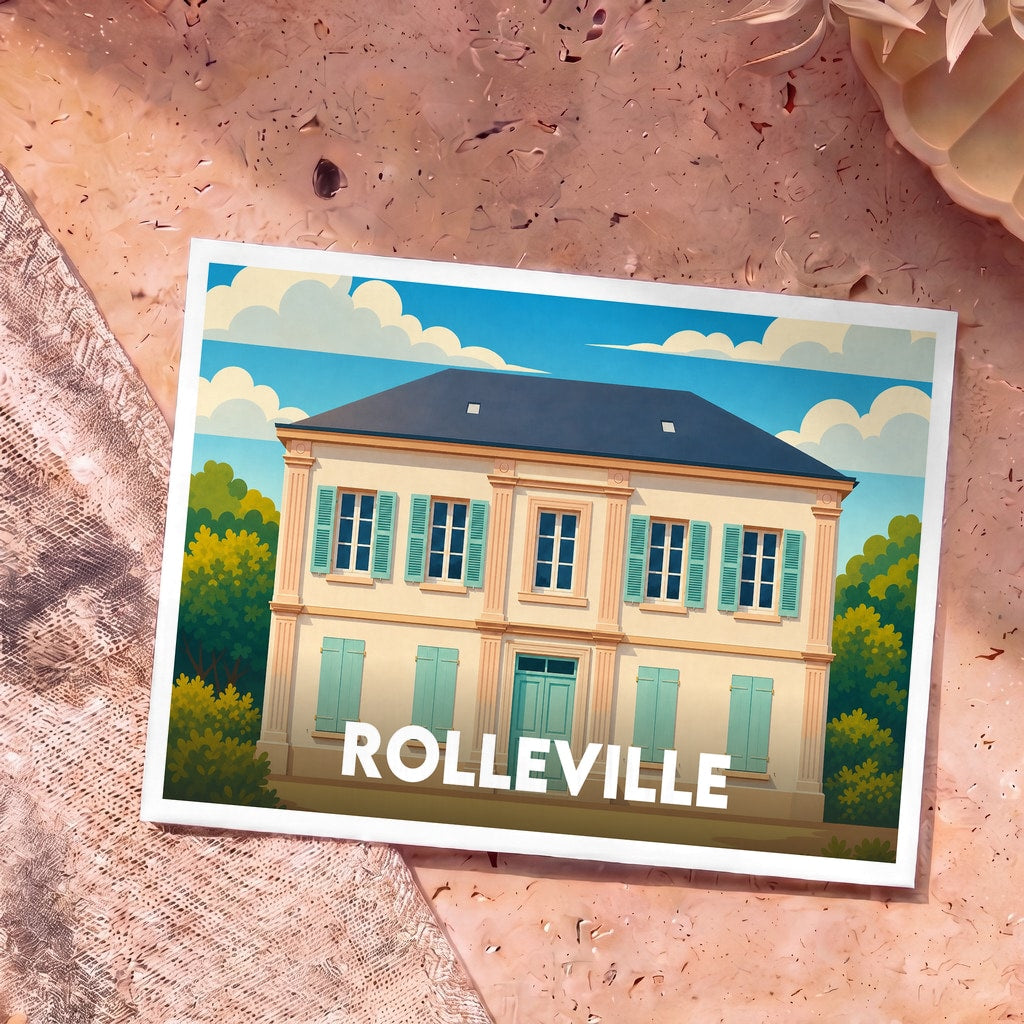 Carte postale souvenir de la ville de Rolleville avec une illustration stylisée d'une grande maison de maître.