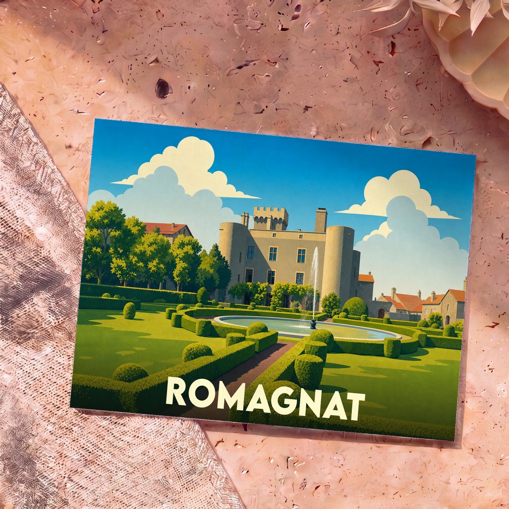 Carte postale souvenir de la ville de Romagnat avec une illustration stylisée de son château et de ses jardins.