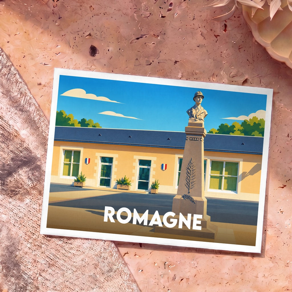 Carte postale souvenir de la ville de Romagne avec une illustration stylisée d'un monument et d'un bâtiment officiel.