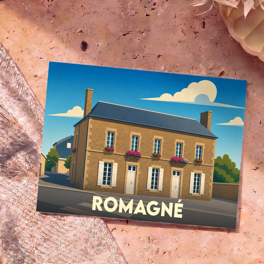 Carte postale souvenir de la ville de Romagné avec une illustration stylisée d'une maison traditionnelle.