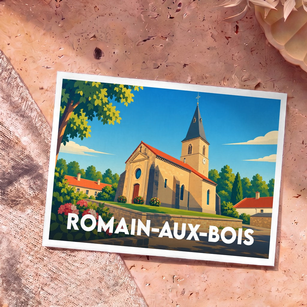 Carte postale souvenir de la ville de Romain-aux-Bois illustrant son église dans un style graphique et coloré.