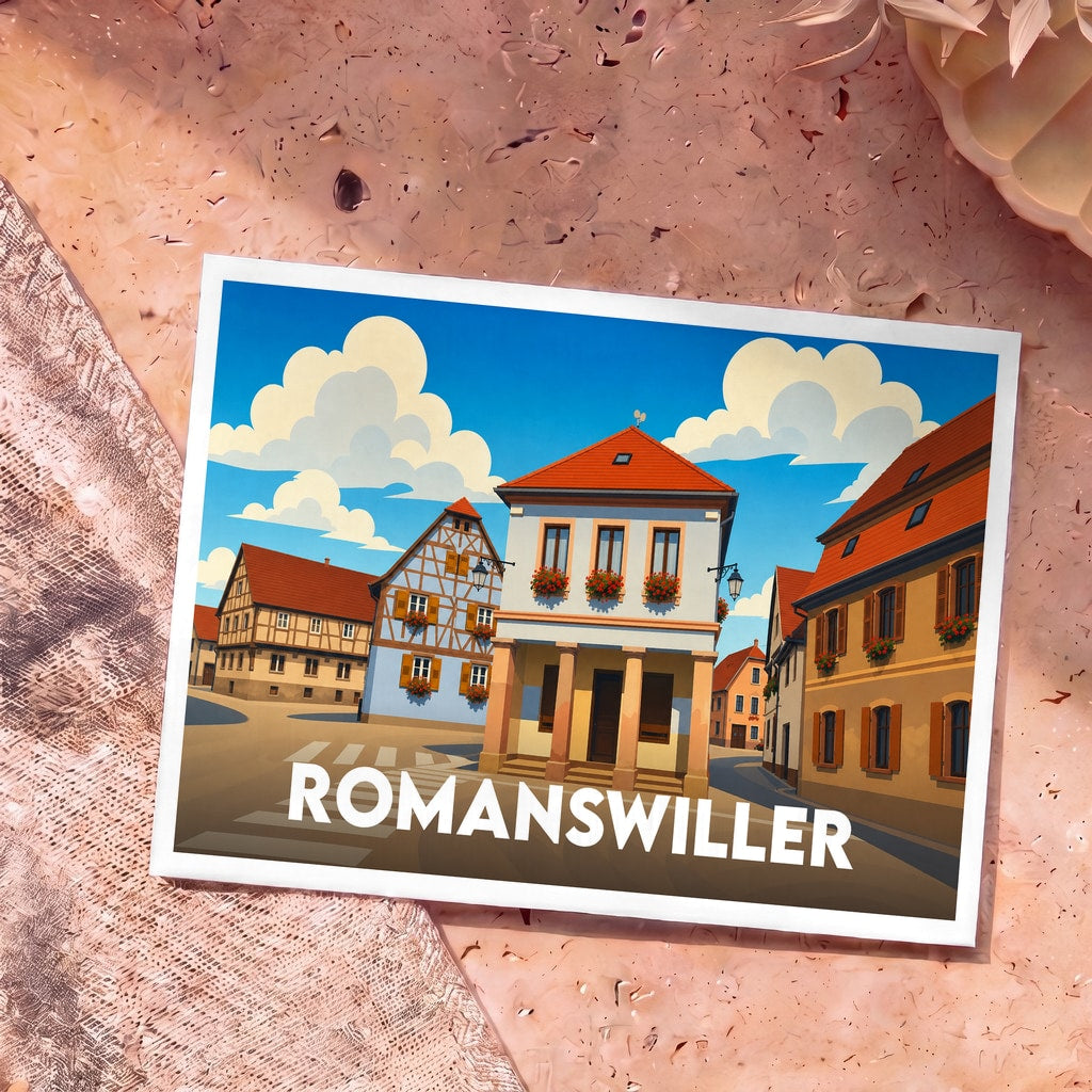 Carte postale souvenir de la ville de Romanswiller avec une illustration stylisée de ses maisons traditionnelles alsaciennes.