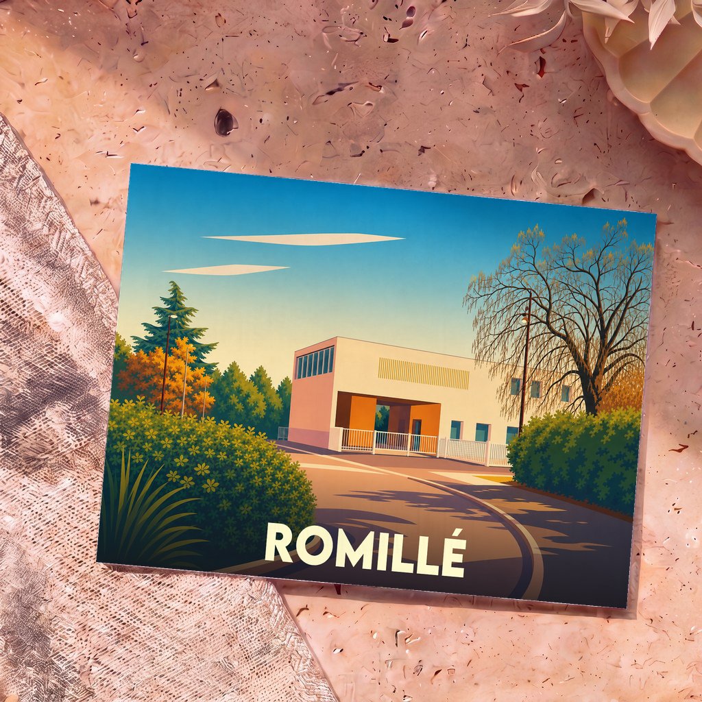 Carte postale souvenir de la ville de Romillé arborant une illustration stylisée et colorée de son architecture moderne.