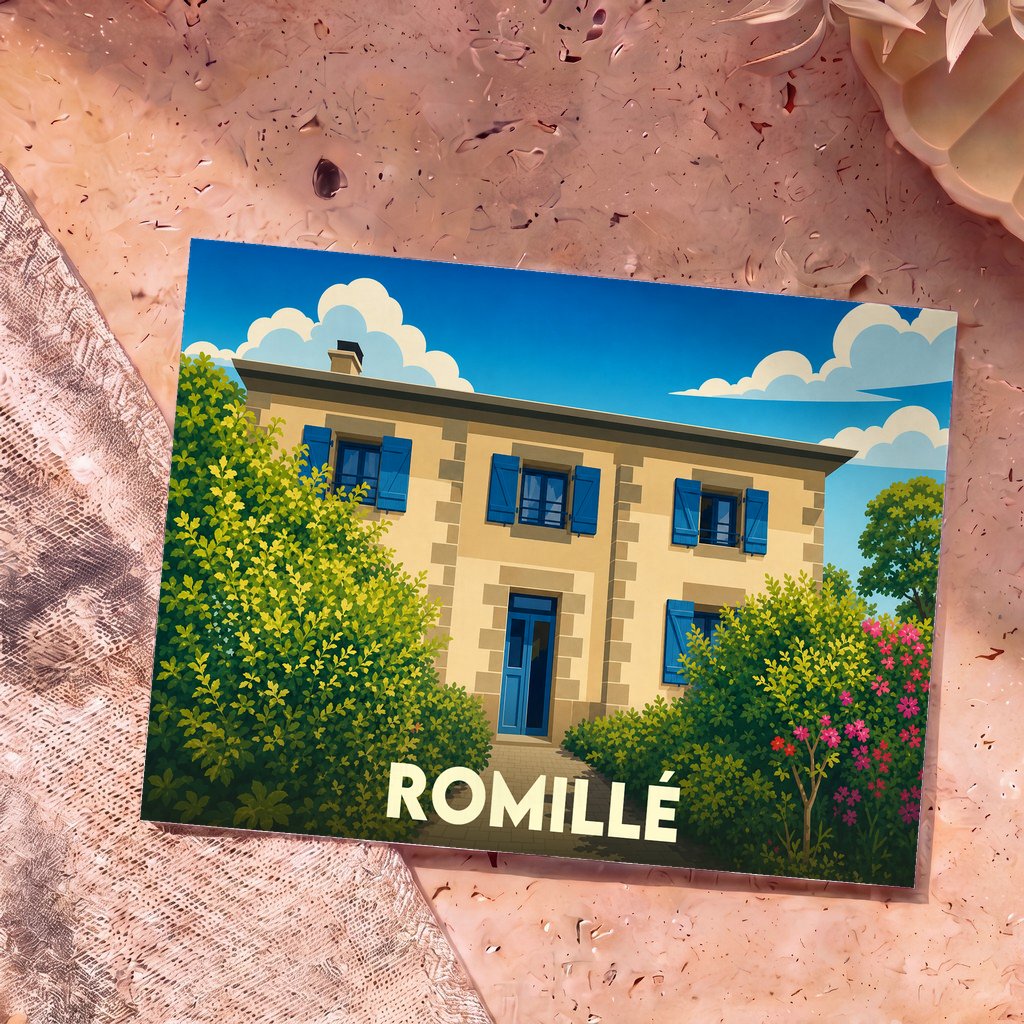 Carte postale souvenir de la ville de Romillé avec une illustration stylisée d'une maison aux volets bleus.