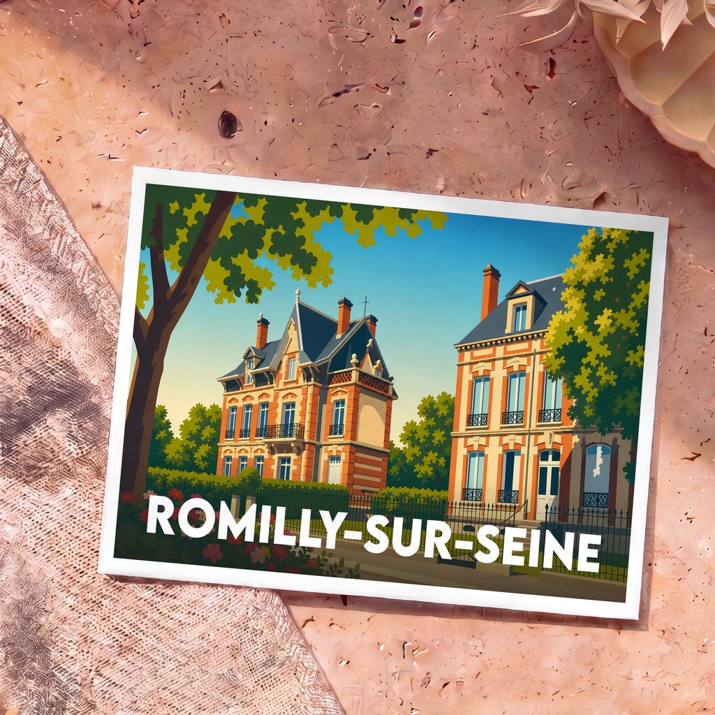 Carte postale souvenir de la ville de Romilly-sur-Seine avec une illustration stylisée de maisons bourgeoises.