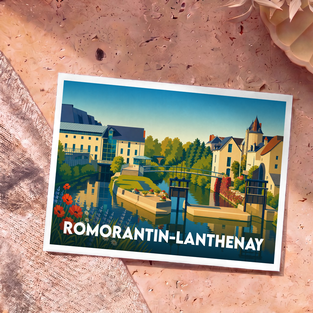 Carte postale souvenir de la ville de Romorantin-Lanthenay avec une illustration colorée et stylisée de ses canaux.