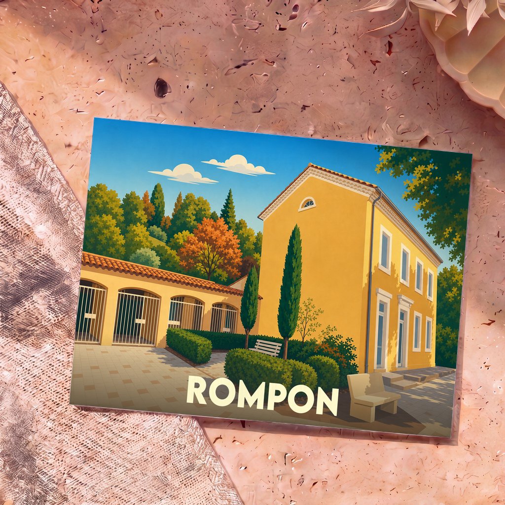 Carte postale souvenir de la ville de Rompon illustrant une bâtisse provençale jaune sous un ciel azur.