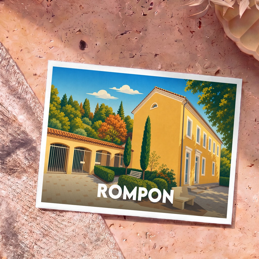 Carte postale souvenir de la ville de Rompon illustrant une bâtisse provençale jaune sous un ciel azur.