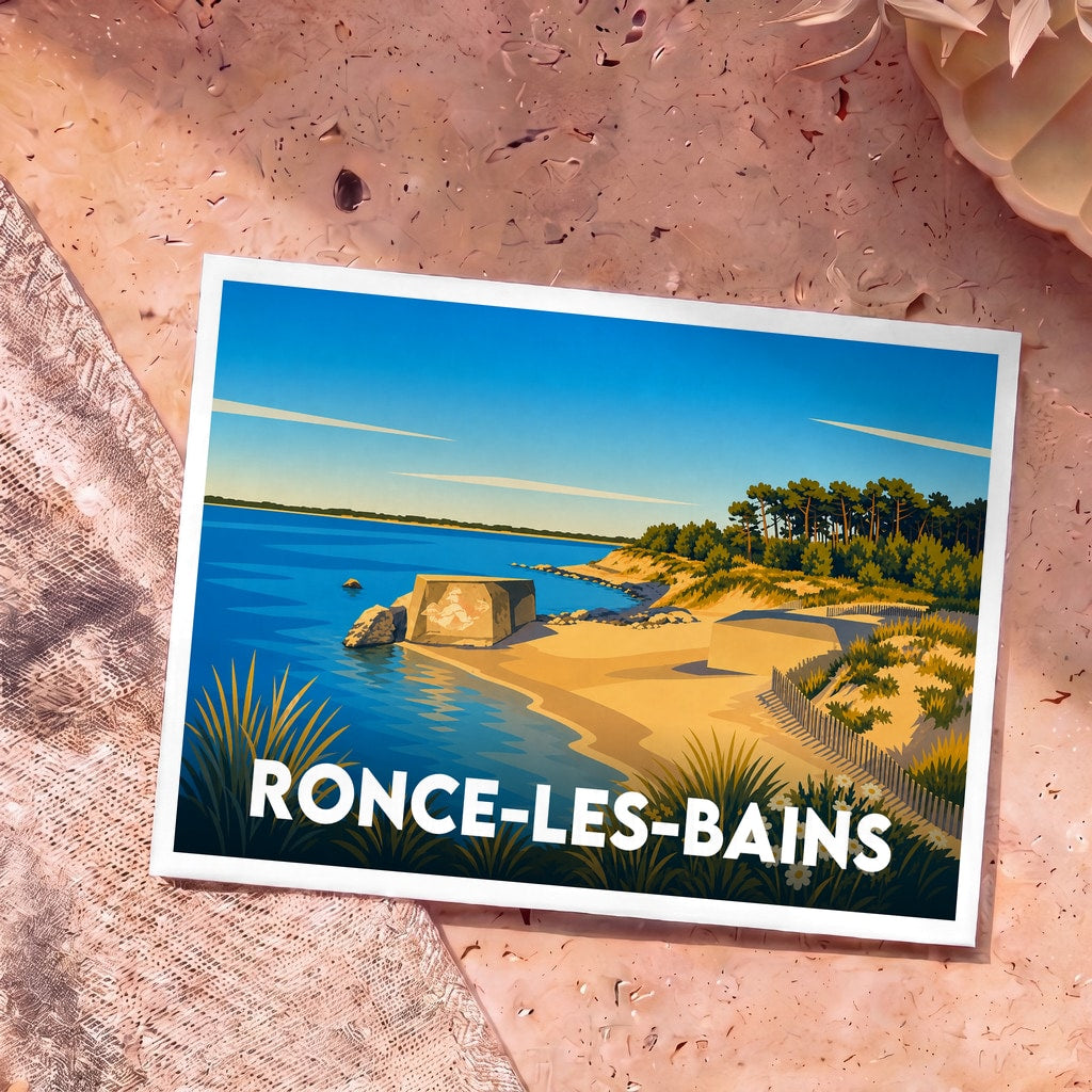 Carte postale souvenir de la ville de Ronce-les-Bains avec une illustration stylisée du littoral et de ses blockhaus.