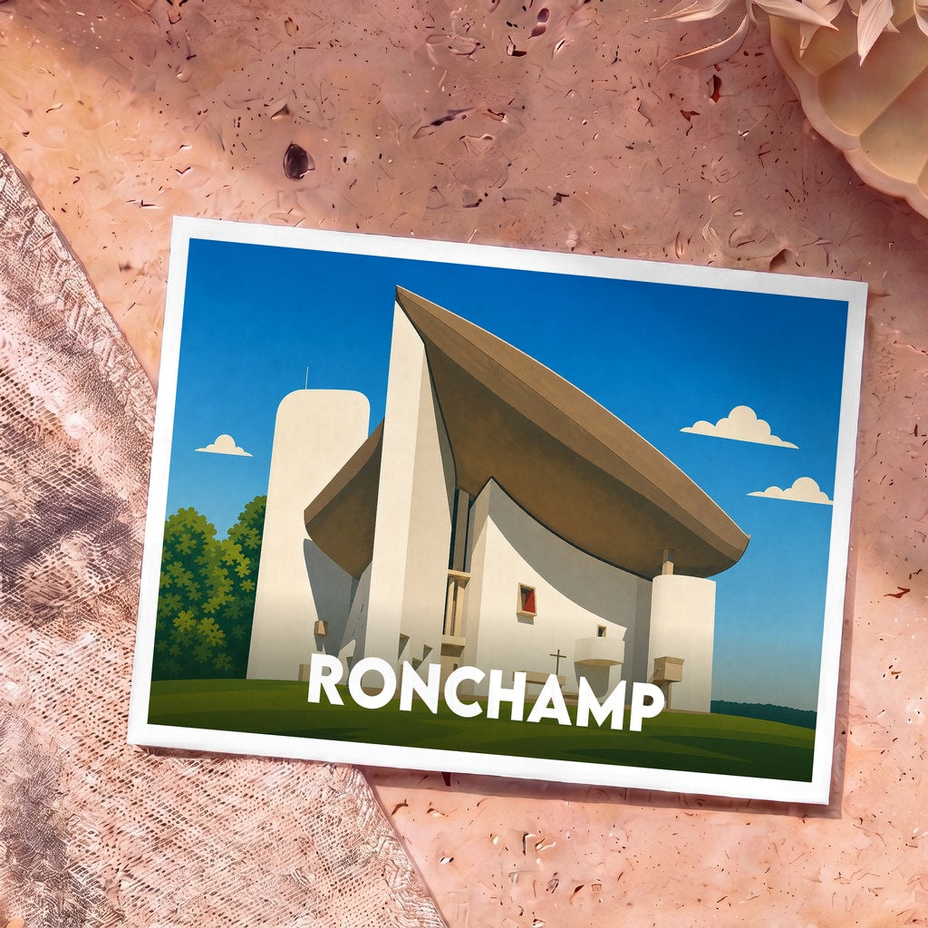 Carte postale souvenir de la ville de Ronchamp avec une illustration stylisée de sa célèbre chapelle.