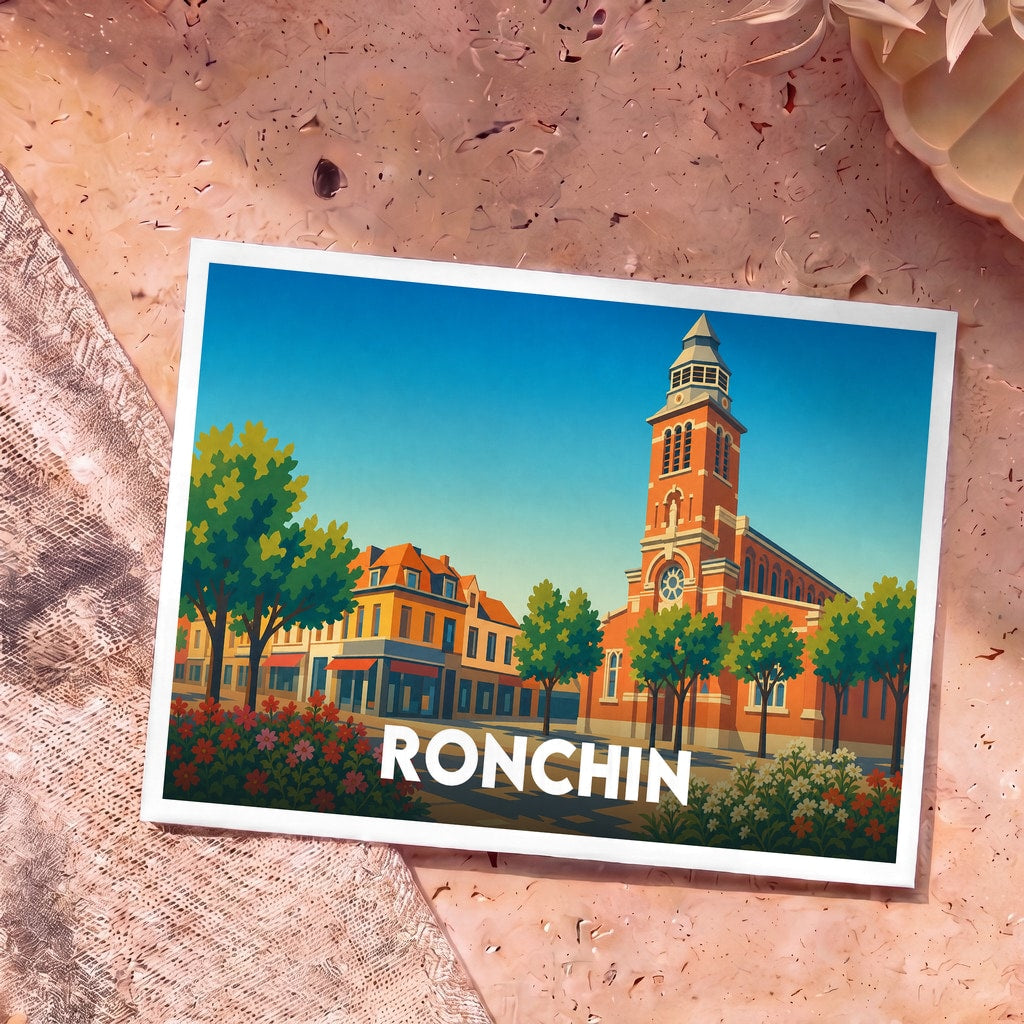 Carte postale souvenir de la ville de Ronchin avec une illustration stylisée de son église et de ses rues.
