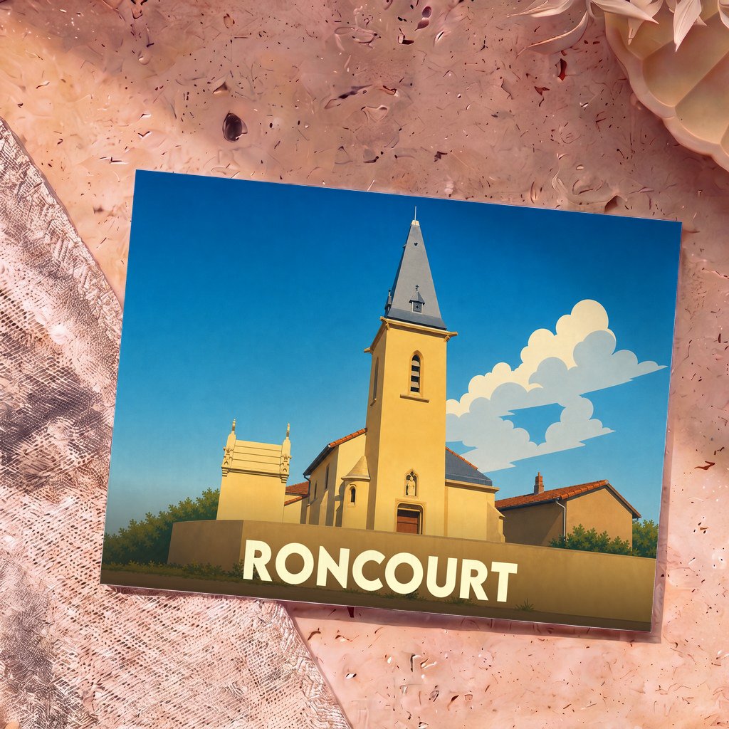 Carte postale souvenir de la ville de Roncourt avec une illustration stylisée de son église sous un ciel bleu.