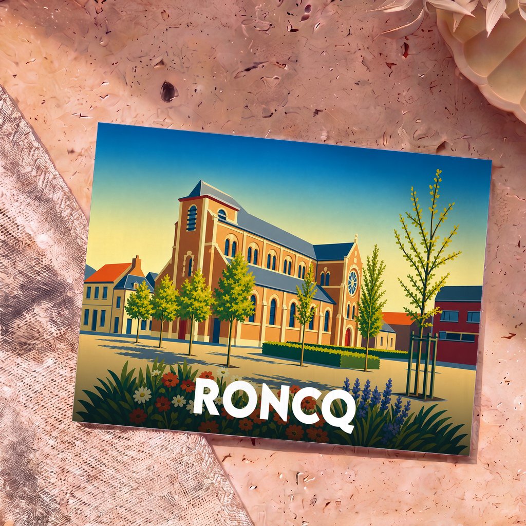 Carte postale souvenir de la ville de Roncq avec une illustration stylisée de son église et de ses jardins.
