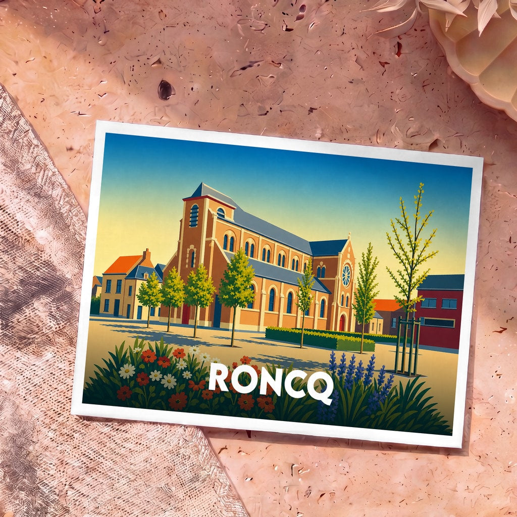 Carte postale souvenir de la ville de Roncq avec une illustration stylisée de son église et de ses jardins.