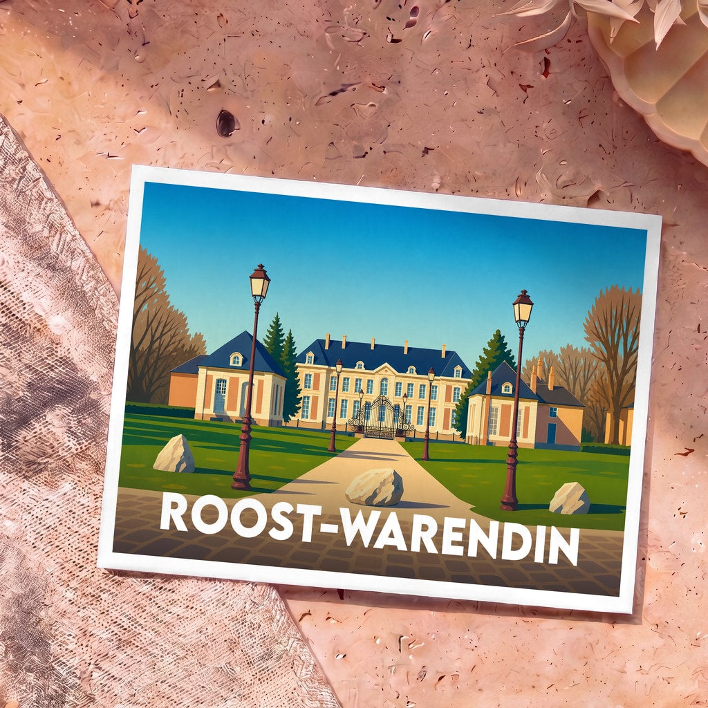Carte postale souvenir de la ville de Roost-Warendin avec une illustration stylisée d'un château et de son parc.
