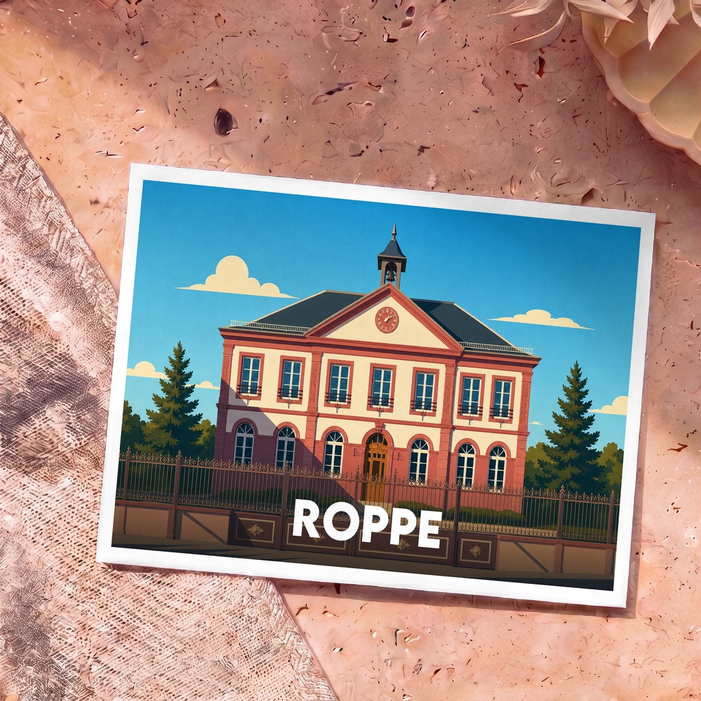 Carte postale souvenir de la ville de Roppe avec une illustration stylisée de sa mairie.