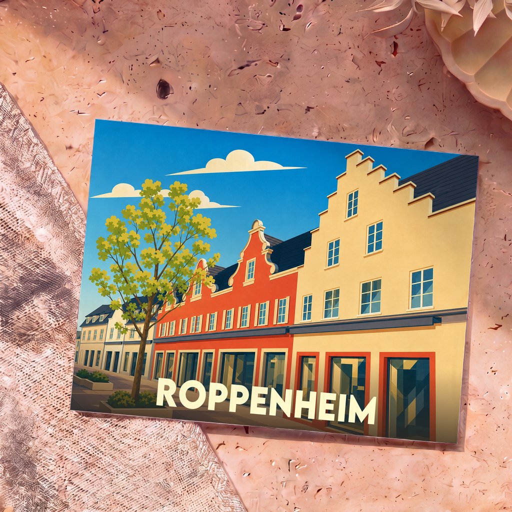 Carte postale souvenir de la ville de Roppenheim arborant une illustration stylisée de maisons colorées à pignons.