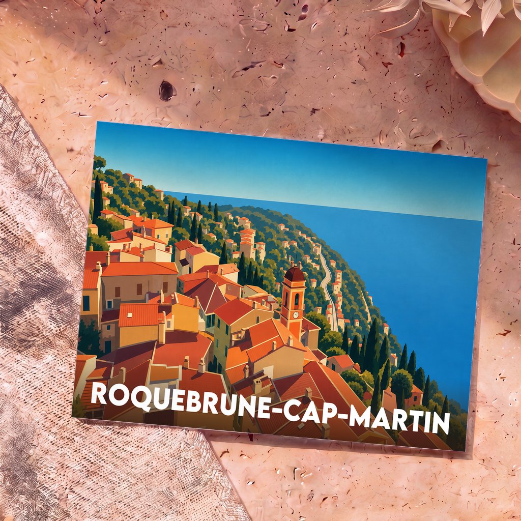 Carte postale souvenir de Roquebrune-Cap-Martin illustrant le village perché et la mer dans un style graphique épuré.