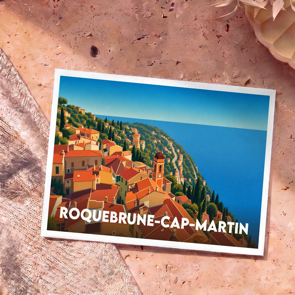 Carte postale souvenir de Roquebrune-Cap-Martin illustrant le village perché et la mer dans un style graphique épuré.