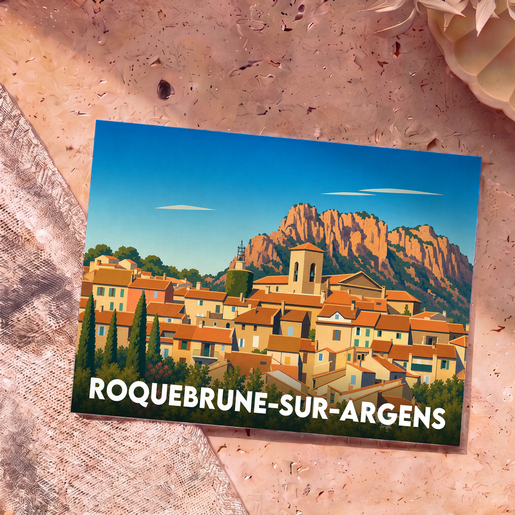 Carte postale souvenir de la ville de Roquebrune-sur-Argens avec une illustration stylisée du village et de son rocher.