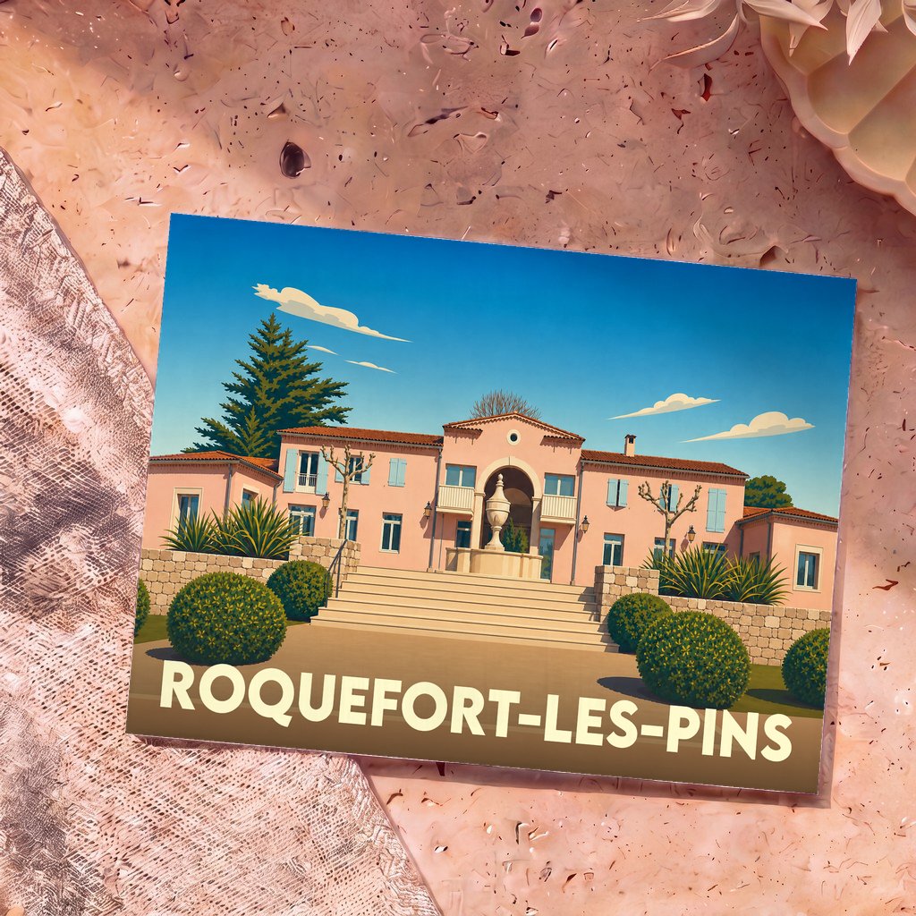 Carte postale souvenir de la ville de Roquefort-les-Pins avec une illustration stylisée d'une bastide provençale.