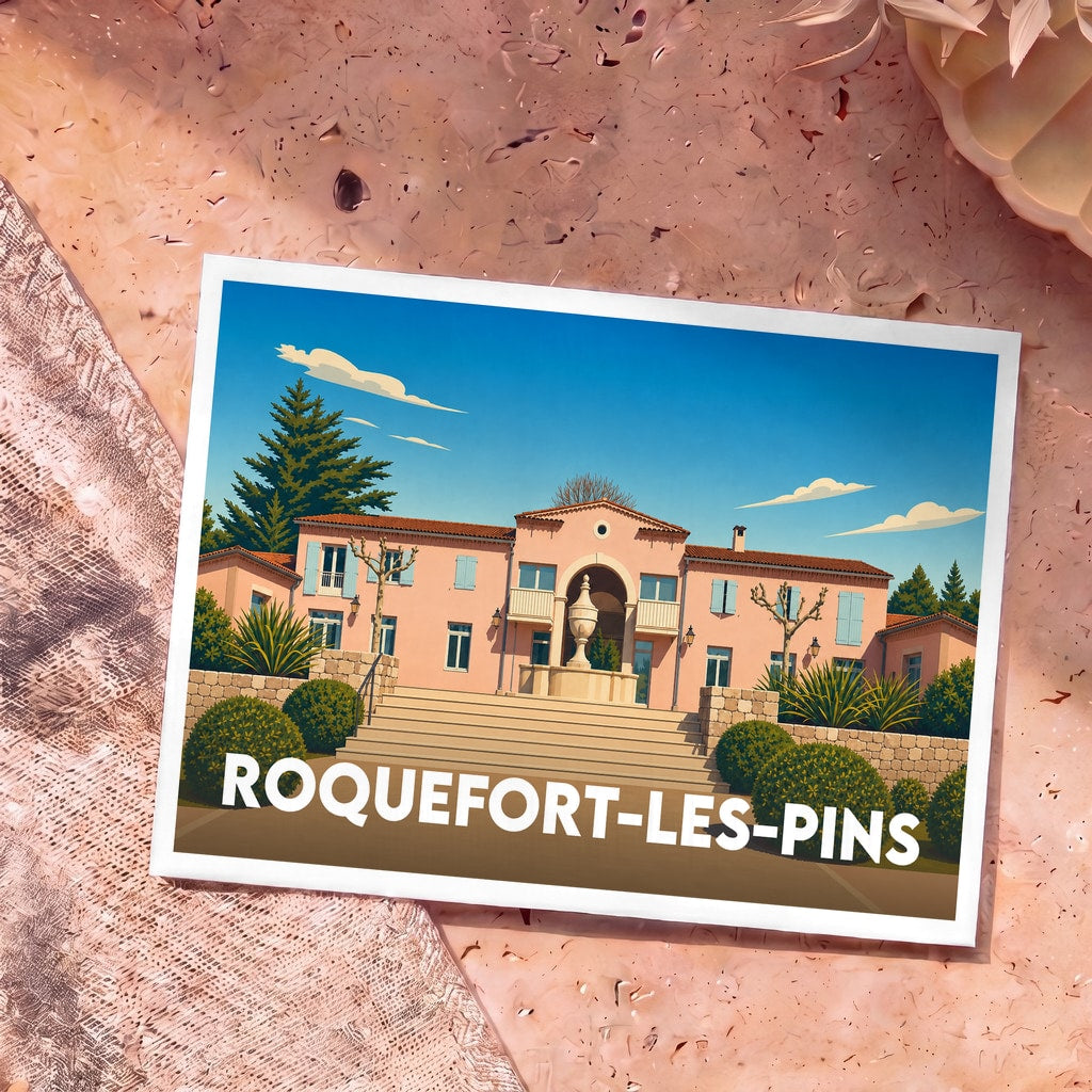 Carte postale souvenir de la ville de Roquefort-les-Pins avec une illustration stylisée d'une bastide provençale.