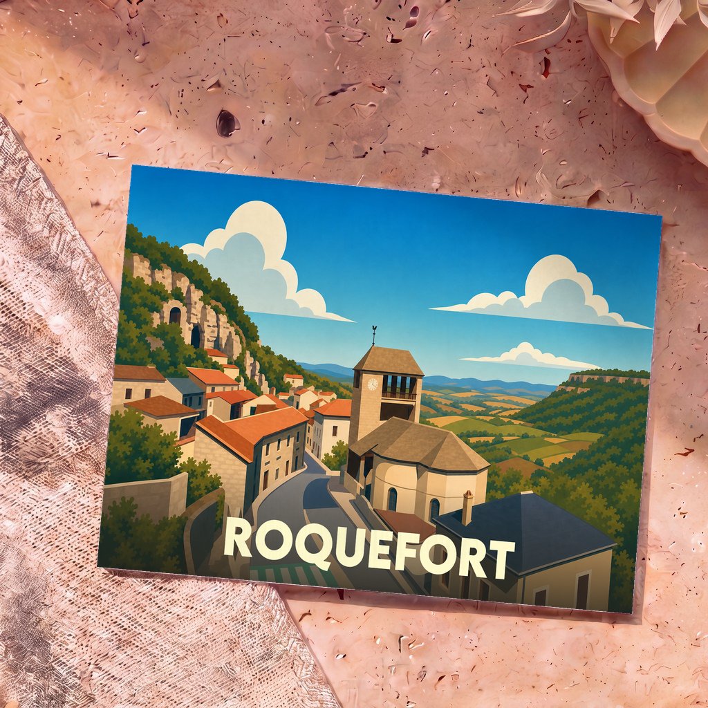 Carte postale souvenir de la ville de Roquefort illustrant un paysage de village vallonné dans un style graphique épuré.
