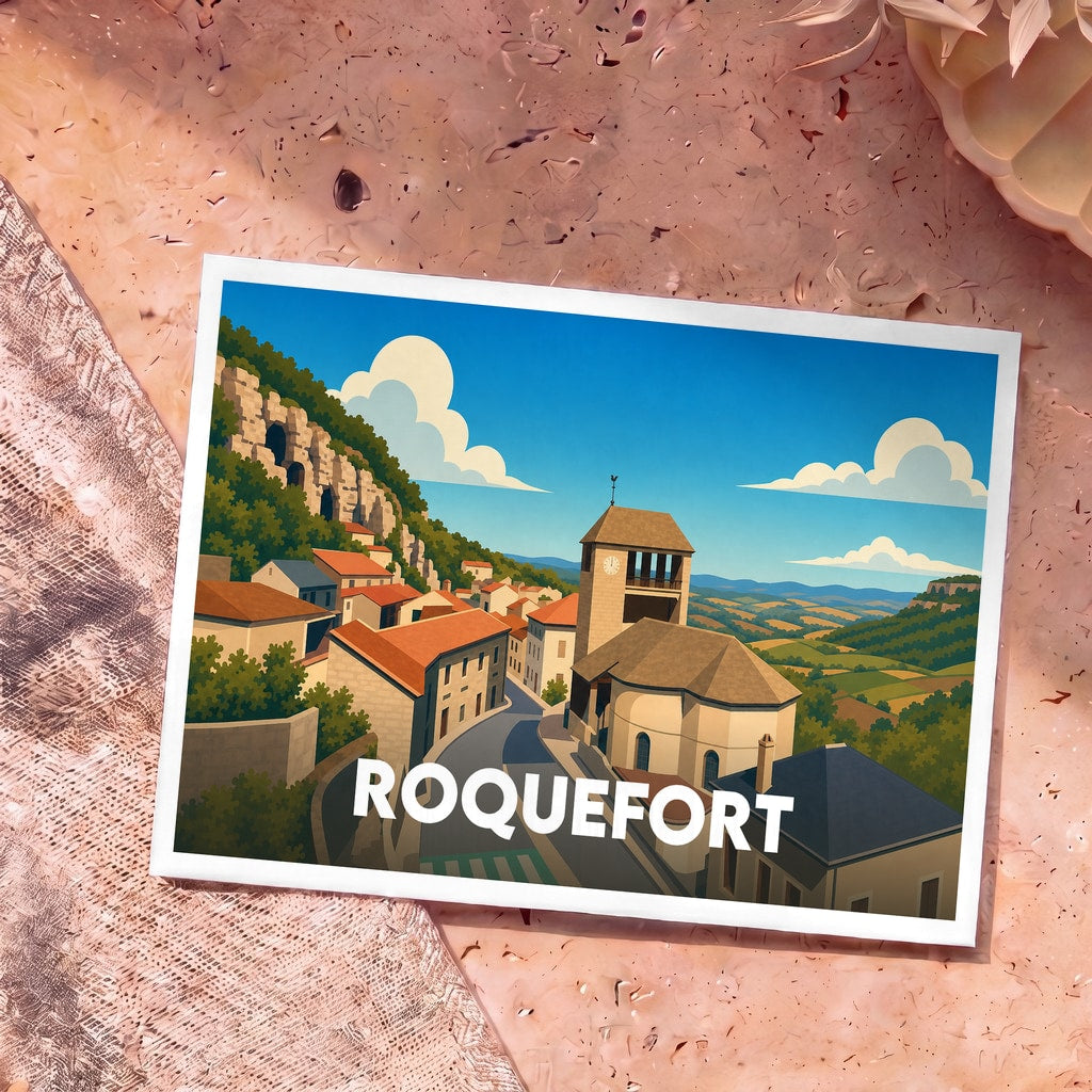 Carte postale souvenir de la ville de Roquefort illustrant un paysage de village vallonné dans un style graphique épuré.
