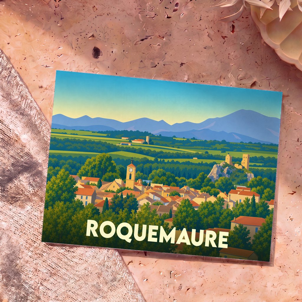 Carte postale souvenir de la ville de Roquemaure avec une illustration stylisée de ses paysages et de son patrimoine.