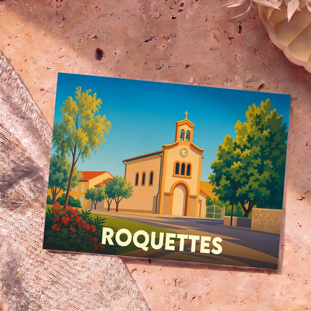Carte postale souvenir de la ville de Roquettes illustrant son église dans un style graphique et coloré.