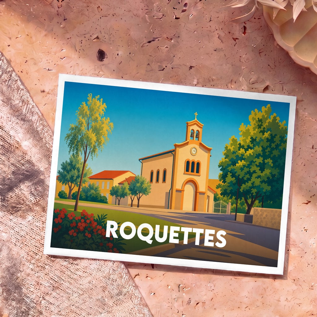 Carte postale souvenir de la ville de Roquettes illustrant son église dans un style graphique et coloré.