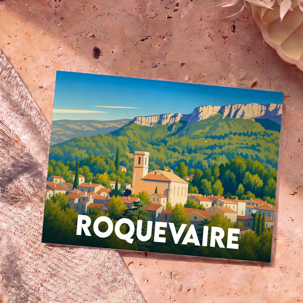 Carte postale souvenir de la ville de Roquevaire avec une illustration stylisée de son église et des montagnes environnantes.
