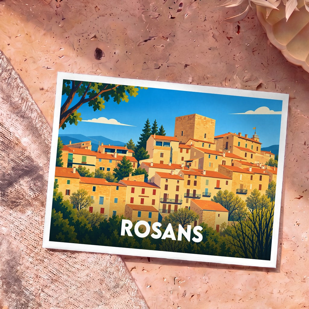 Carte postale souvenir de la ville de Rosans avec une illustration stylisée et colorée de ses maisons provençales.